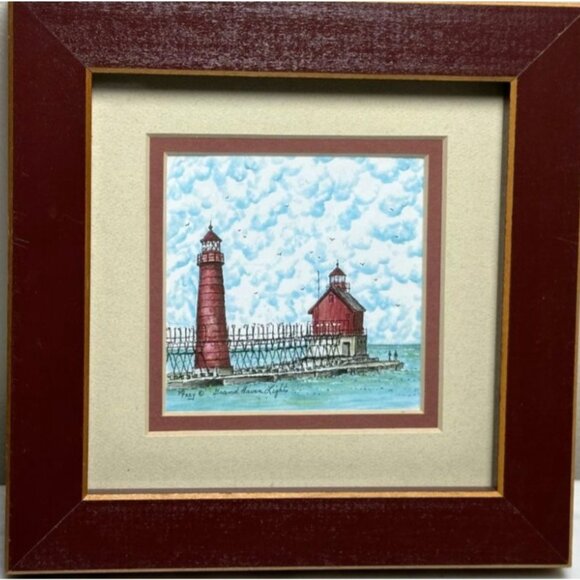 Grand Haven Michigan Pierhead Lighthouse Print Framed Artwork 5"x5" Signed Mpre - Picture 1 of 6